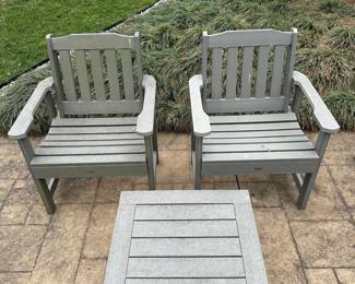 H4 - $225 3 Pc Set. Highwood USA Lehigh Garden Chair & Single Table. Chairs are 27" wide x 35" tall in a nice green color. Table is 24" square x 16" tall. All pieces are sturdy. 