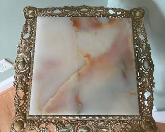 H32 - $325. Brass & Onyx Victorian Side Table / Fern Stand. Measures 17" square x 30.5" tall. 