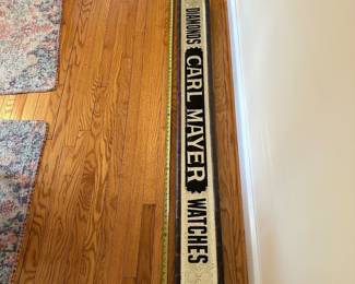 H11 - $850. Antique, wooden framed & mirrored, Carl Mayer Jewelry Store Sign. Rawson & Evans Co. Chicago Sign Makers. Measures 6' x 7.5". 