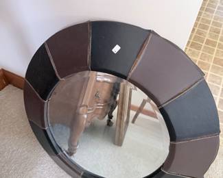 Round Leather Beveled Mirror 
