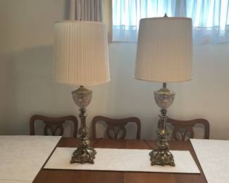 PAIR of BRASS LAMPS with GOLD ETCHING on WHITE GLASS