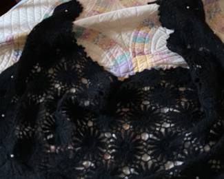 BLACK CROCHETED SHAWL WITH PEARL ACCENTS