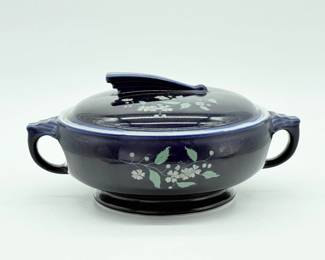 33 VintageHallCobaltBlueGardenCoveredCasseroleDishwUVGlaze