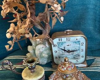 Jade tree, alarm clock & enameled candle holder & ink well