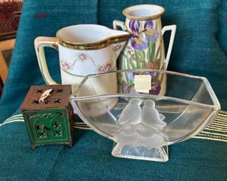 Nippon pitcher & vase, still bank & Verlys bowl