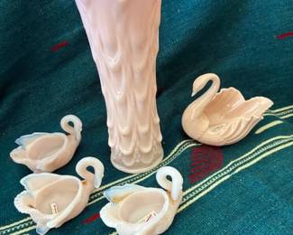 Fostoria swung vase,  Cambridge Crown Tuscan  & Lenox swans