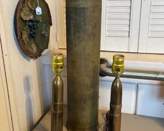 Large shell casing, trench-art lamps & brass bell