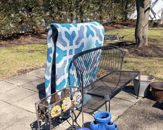 Bench, outdoor area rug, misc. garage items