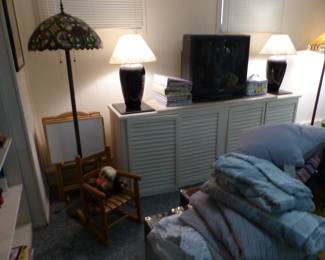 Credenza, floor lamps, antique childs rocking chair