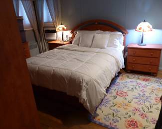 Queen size bedroom set (bedding "NOT FOR SALE"), pair of lamps