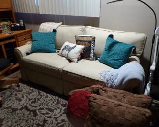 Sofa, rocking chair, desk & chair, file cabinet, area rug, lots of collectibles