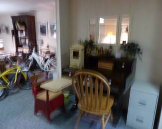 Desk, chair, antique school desk, file cabinet, bric-a-brac