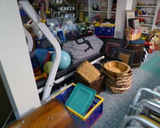 Vintage and current toys, baskets, treadmill, misc items including collectibles