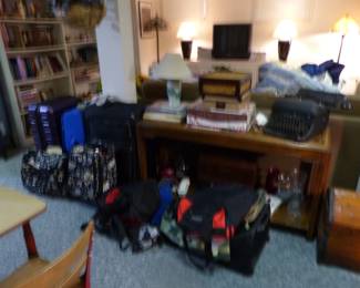 Console table, luggage, lots of misc items & collectibles