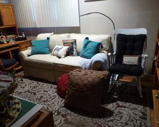 Sofa, rocking chair, desk & chair, file cabinet, area rug, lots of collectibles