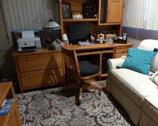 Sofa, rocking chair, desk & chair, (printer "NOT FOR SALE"), file cabinet, area rug, lots of collectibles