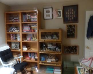 Tall bookcase, barrister bookcase, assorted collectibles, books, collectible pins