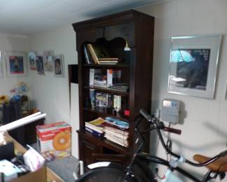 Bookcase, books, framed vintage Life magazines, misc items