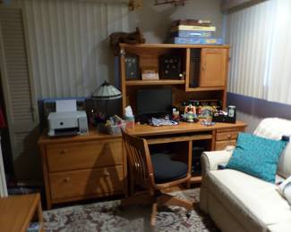 Sofa, rocking chair, desk & chair, (printer "NOT FOR SALE"), file cabinet, area rug, lots of collectibles