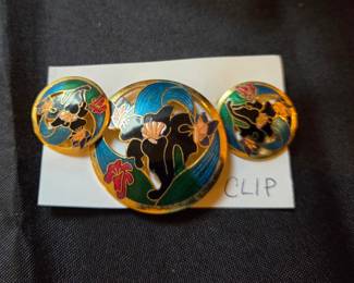 Cloisonné Enamel Floral Motif Brooch and Earring Set