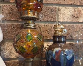 Victorian Amber and Green Stained Glass Oil Lamp with Glazed Ceramic Oil Lamp