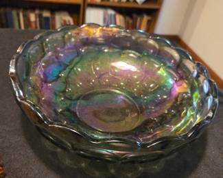 Indiana Glass Blue Iridescent Footed Oval Carnival Glass Bowl