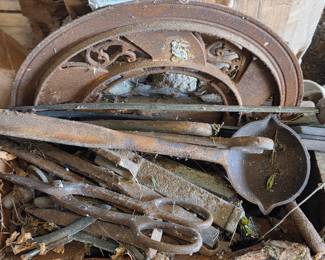 Antique Cast Iron Stove Plate and Assorted Tools