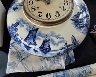 Blue and White Delft Style Ceramic Mantel Clock with Nautical Scene