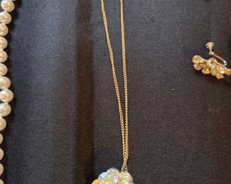 Faux Pearl Necklace and Crystal Pendant Necklace with Matching Earrings