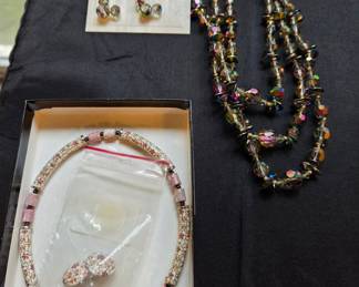 Aurora Borealis Crystal Choker Necklace and Earrings Set with Ceramic Floral Necklace and Earrings