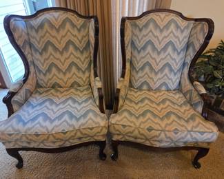Pair of Wingback Armchairs with Flame Stitch Upholstery