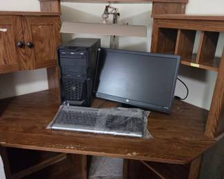 Oak Veneer Corner Computer Desk with Hutch and Dell Desktop