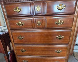Vintage Broyhill Cherry Wood 5-Drawer Dresser with Brass Hardware
