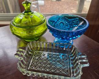Vintage Jeannette Glass Wedding Cake Box Candy Dish and Blue Hobstar Compote Set