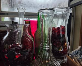 Assorted Glass Vases and Bottles with Decorative Fillers