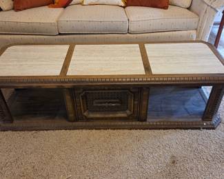 Vintage Travertine and Wood Coffee Table