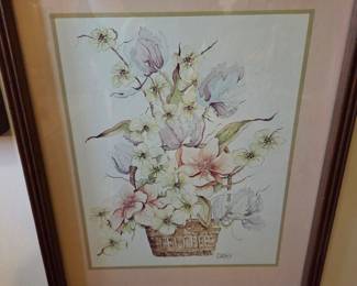 Framed Watercolor Painting of Flowers in a Basket by Casey