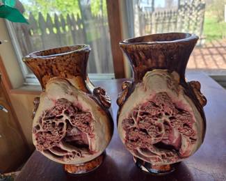 Pair of Vintage Japanese Banko Ware Vases with Intricate Carvings