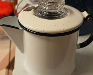 White Enamelware Percolator Coffee Pot with Black Trim and Faceted Glass Lid