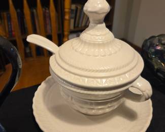White Ironstone Soup Tureen with Lid, Ladle, and Underplate