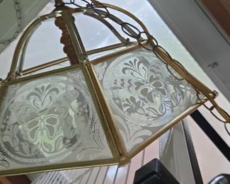 Vintage Etched Glass Hanging Lantern with Floral and Butterfly Motifs