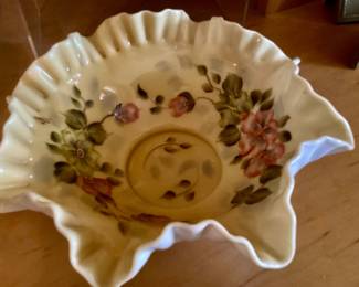 Vintage Fenton Art glass bride bowl ruffled ripped edge, and painted floor design 