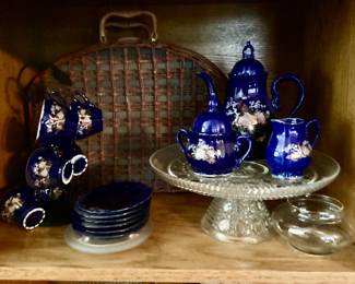 Japanese cobalt, blue porcelain tea set featuring painted peacocks