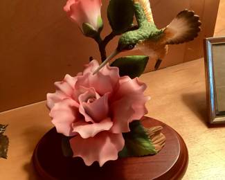 Andrea porcelain, hummingbird and rose figurine mounted on a wooden base
