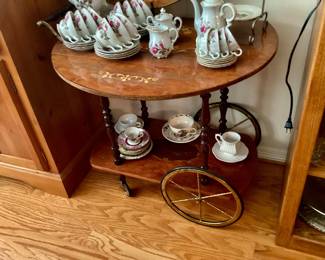 Vintage Italian Marquetry Two Tier Drop Leaf Cart