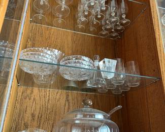 Vintage MCM Etched Glass Punch Bowl, Champagne Glasses, Wine Glasses, Water Glasses