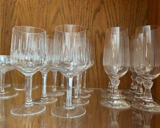 Vintage MCM Etched Glass Punch Bowl, Champagne Glasses, Wine Glasses, Water Glasses