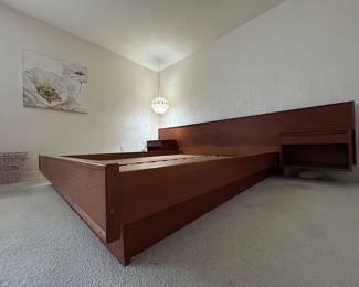 1960s MCM Low Profile Platform King Bed With Floating Nightstands: Mattress Platform Approximately: 6.25'W x 6'D x 1.5' H