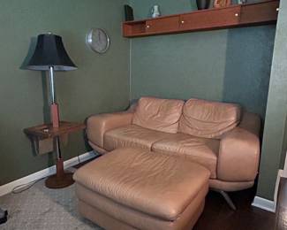 Vintage Modern Low Profile Tan Leather Loveseat with Ottoman