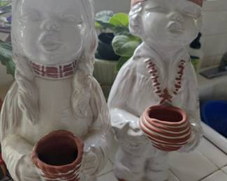 vintage ceramic, white glazed Native American couple 